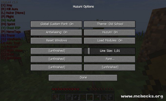 Huzuni hacked client for Minecraft